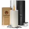 A bioethanol fireplace and its accessories are displayed against a white background, with packaging and branding elements visible. Produktbild-Vorschau
