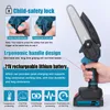 A person's hand is holding a mini chainsaw, with various feature callouts and icons surrounding it. Produktbild-Vorschau