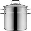 A stainless steel steamer pot with a glass lid and two steaming inserts. Produktbild-Vorschau