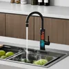 A modern kitchen sink with a black faucet dispensing hot water into the sink where some vegetables are being washed. Produktbild-Vorschau