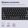 A close-up of a black wireless keyboard with marketing text and icons below. Náhled obrázku produktu