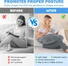 A split image showing a woman reading a book before and after using a U-shaped cushion. Produktbild-Vorschau