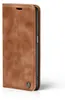 A brown flip cover case for a smartphone is shown from the side. Produktbild-Vorschau