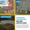 Collage showing different configurations of pallet cushions for indoor and outdoor use, with text highlighting flexibility and combination options. Produktbild-Vorschau
