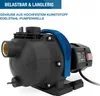 A black water pump with a blue handle and gold fittings, set against a white background. Text overlays describe its features. Produktbild-Vorschau