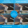 A collage of four images showing a hand using a kitchen sink attachment to clean different types of containers with ice and water. Produktbild-Vorschau