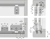 Diagrams showing dimensions and installation details for a sliding door hardware system. Produktbild-Vorschau
