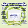 A product shot of Arctic Blue Omega-3 Algae Oil softgels, surrounded by text highlighting its benefits and features. Produktbild-Vorschau