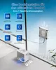 A window cleaning robot and its docking station are shown on a window ledge with a city view in the background. Feature icons are displayed on the left. Produktbild-Vorschau