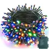 A coiled string of colorful LED lights with a battery pack attached. Produktbild-Vorschau