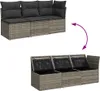 A modular outdoor sofa shown in two configurations: assembled with cushions and disassembled to reveal storage compartments. Náhľad obrázku produktu