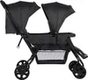 A black twin stroller shown from the side against a white background. Produktbild-Vorschau