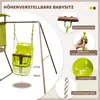 A product image showing a green baby swing attached to a swing set, with close-up insets highlighting features. Produktbild-Vorschau