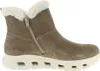 A side view of a single beige boot with white fur trim and a white sole. Produktbild-Vorschau