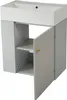 A bathroom vanity with a sink and an open cabinet. Produktbild-Vorschau