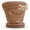 A terracotta pot with decorative elements and attached tags. Produktbild-Vorschau