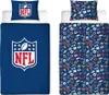 Two sets of NFL bedding, one with a large NFL logo and the other with a pattern of various NFL team logos. Voir les images du produit