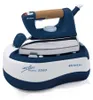 A studio shot of a blue and white steam iron with a boiler base. Produktbild-Vorschau