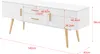 A white TV stand with wooden legs and handles, with dimensions indicated by red lines and text. Anteprima dell’immagine prodotto