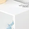Close-up of a white shelf with text overlay and a decorative deer figurine. Produktbild-Vorschau