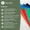 A marketing image for 'Dekovlies' showing a list of features and a swatch of colorful fabric samples. Produktbild-Vorschau