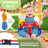 A baby is happily swinging in a colorful baby swing set outdoors on a sandy playground. Produktbild-Vorschau