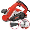 A red and black electric planer is shown from a diagonal angle against a white background. Two circular insets highlight a dust bag and the planer's blades. Produktbild-Vorschau