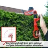 A person is using a red and black hedge trimmer on a green hedge, with a house roof in the background. An inset diagram shows the adjustable cutting head. Produktbild-Vorschau