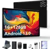 A tablet and its accessories are displayed against a white background. The tablet screen shows a colorful abstract image and text indicating its specifications. Produktbild-Vorschau