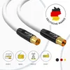 A white coaxial cable with black and gold connectors, shown against a white background with marketing icons and text. Produktbild-Vorschau