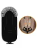 A product shot of a black footmuff with a grey fur trim and a close-up inset of a beige car seat harness. Náhled obrázku produktu