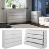 A collage of images showing a white dresser in different settings and angles, including a bedroom and a studio shot. Voir les images du produit