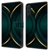 A product image showing a phone case in an open and closed state, with a dark green and gold abstract design. Produktbild-Vorschau
