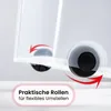 Close-up of the wheels of a transparent storage box, with red arrows indicating movement and text overlay. Produktbild-Vorschau