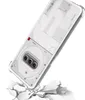 A transparent phone case with a white interior design is shown at an angle, appearing to be dropped onto a cracked surface. Produktbild-Vorschau