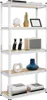 A white metal shelving unit with five shelves, displaying various decorative items and books. Podgląd zdjęcia produktu