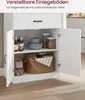 A white kitchen cabinet with its doors open, displaying shelves with various items like bottles, bowls, and storage containers. Produktbild-Vorschau