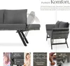 A split image showing a rattan sofa with adjustable backrests and close-ups of its features. Produktbild-Vorschau
