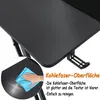 A close-up of a black gaming desk surface with a hand cleaning it with a blue cloth, accompanied by German text describing the surface. Produktbild-Vorschau