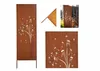 A collage of images showing a decorative metal screen with a dandelion design, likely for garden use. One image shows the full screen, another a close-up, and a third shows a detail of the metal and a corner piece. Produktbild-Vorschau