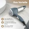 A hairdryer is placed on a marble countertop next to a sink. Text overlays describe its features. Anteprima dell’immagine prodotto