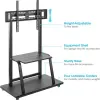 A black TV stand with adjustable height, equipment shelf, sturdy base, and lockable casters, with feature callouts. Náhľad obrázku produktu