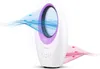 A white and purple bladeless fan is shown on a white background, with blue and pink wavy lines indicating airflow. Produktbild-Vorschau