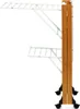 A folding drying rack with wooden sides and white metal racks, shown on a white background with wheels at the base. Anteprima dell’immagine prodotto