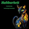 A stained-glass style cat figurine with green eyes sits against a black background. Text overlays describe its durability. Produktbild-Vorschau