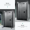 A collage of two images showing a modern black shower enclosure with a concrete-like wall background. The left image shows the shower door open, and the right image shows it closed. Produktbild-Vorschau