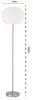 A white feather floor lamp with a silver stand and base, shown with dimensions indicated. Produktbild-Vorschau