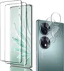 A product image showing screen protectors and camera lens protectors for a smartphone, alongside a close-up of the smartphone's camera module. Produktbild-Vorschau