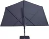 A dark gray patio umbrella is shown from underneath, with its metal frame and fabric canopy visible. It is mounted on a black base. Produktbild-Vorschau
