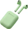 A pair of green wireless earbuds and their charging case are displayed against a white background. Produktbild-Vorschau